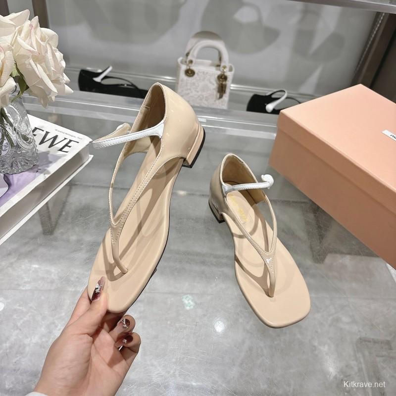 2025 Women MiuMiu Beige Leather T-Strap Sandals With Clear Heel KFY00289(F)