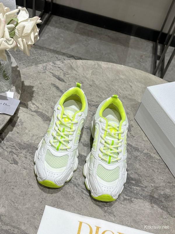 2025 Women Dior White Neon Yellow Mesh Leather Sneakers KFY00370