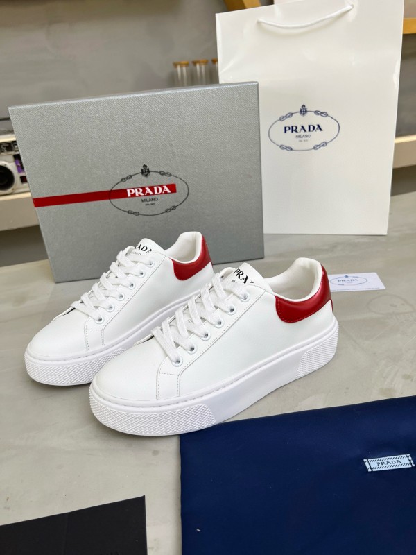 2024 Unisex Prada White Red Calfskin Silk Thick Sole Sneakers MJ00310