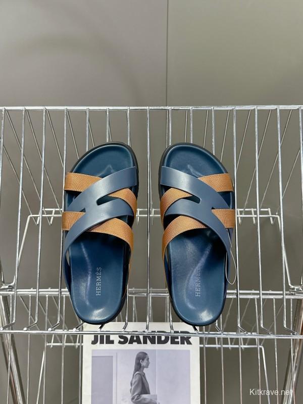 2025 Slippers Hermès Blue Brown Leather Slippers