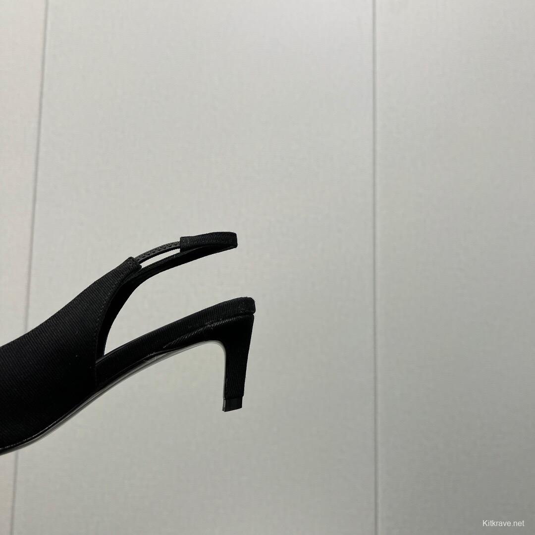 2025 Women Celine Black Fabric Leather Slingback Kitten Heels KFY00290