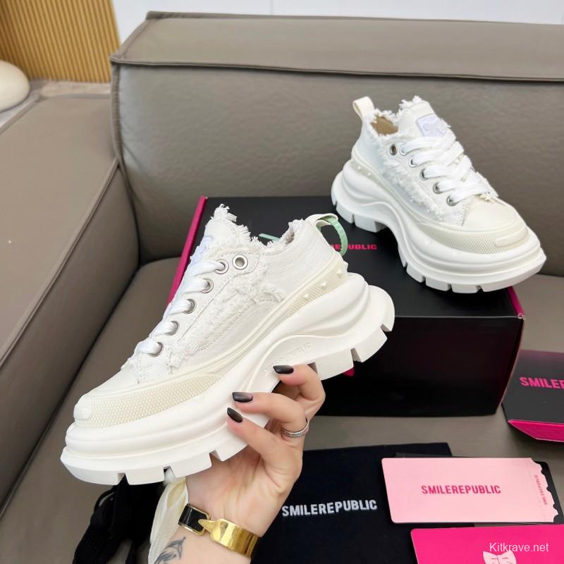 2025 Unisex Smile Republic White Canvas Thick Sole Casual Sneakers Frayed Edge LY00291