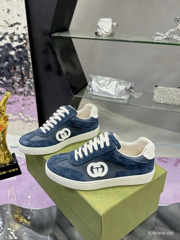 2024 Unisex Gucci Blue Navy White Suede Leather Sneakers MJ00310