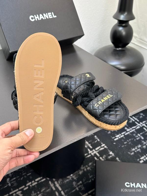 2025 Slippers Chanel Black Leather Cork Sole Sandal LY00250