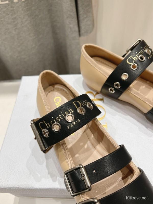 2025 Women Dior Beige Black Leather Mary Jane Buckle KFY00300