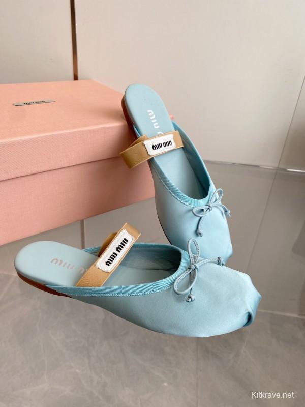 2025 Women Miu Miu Light Blue Satin Slip-On Ballet Flats KFY00280
