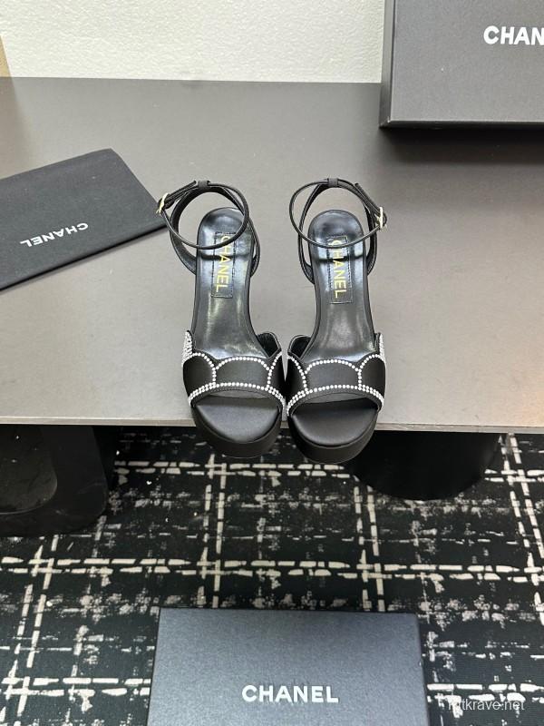 2025 Women Chanel Black Fabric Leather Rhinestone Platform Sandals KFY00320