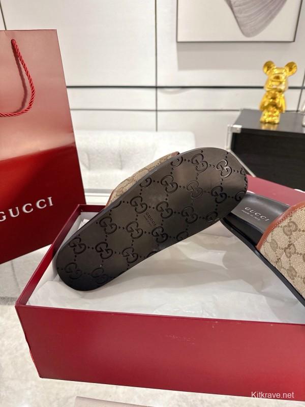 2025 Unisex Gucci Beige Brown Canvas Leather Slippers GG Embossed AS00240