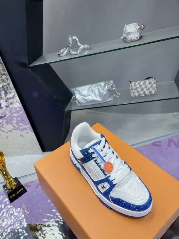 2025 Unisex Louis Vuitton Blue White Leather Plimsolls Handcrafted Beaded AS00400