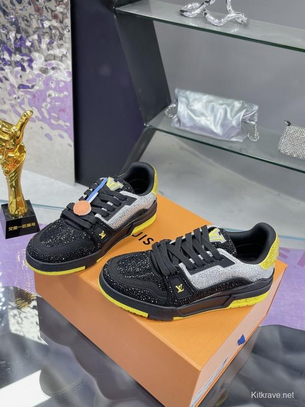 2025 Unisex Louis Vuitton Black Grey Yellow Leather Fabric Plimsolls Handcrafted Rhinestone AS00400