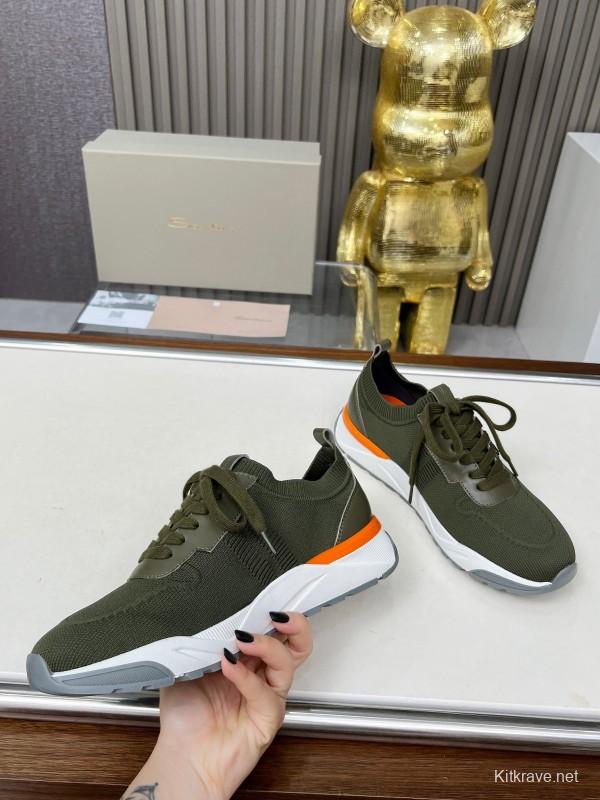 2025 Unisex Santoni Military Green Orange Wool Blend Knit Sneakers AS00320