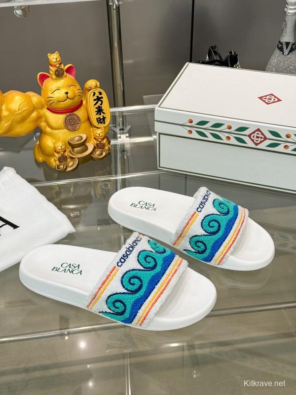 2025 Men CASA BLANCA Blue White Embroidered Slippers KFY00160