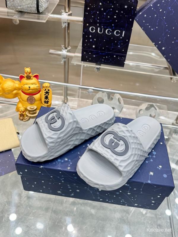 2025 Men Gucci Light Blue Rubber Slippers Interlocking G KFY00170