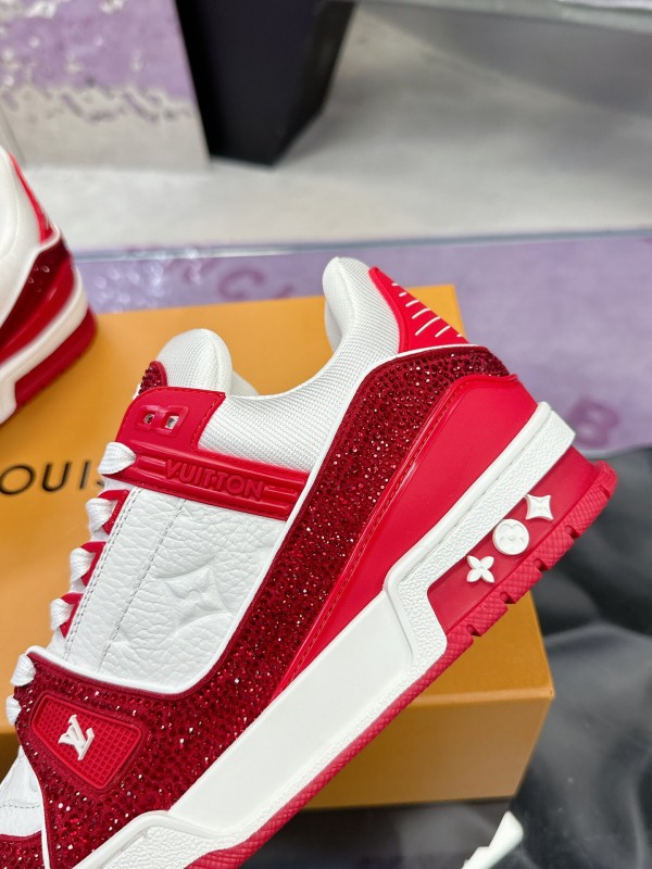 2025 Unisex Louis Vuitton Red White Leather Fabric Plimsolls Handmade Rhinestone AS00400