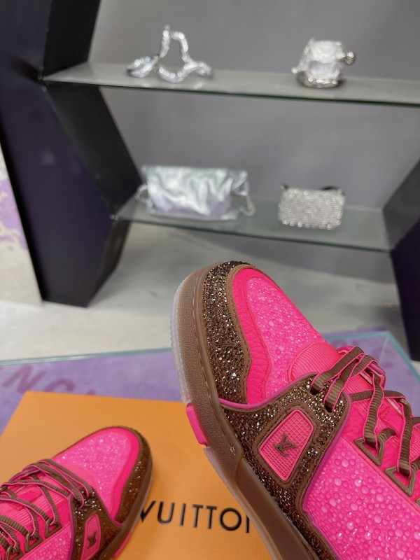 2025 Unisex Louis Vuitton Pink Brown Leather Canvas Plimsolls Handcrafted Crystals AS00400