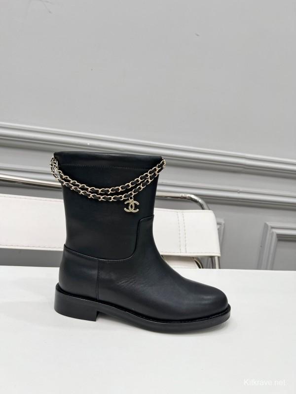 Chanel 2025 SS Quilted Leather Chain CC Flat Ankle Boots - LY00400