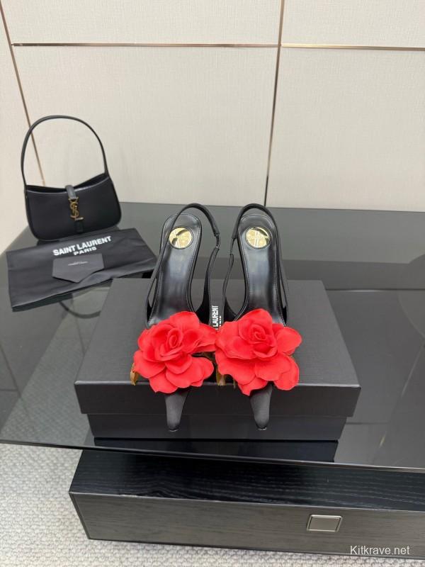Saint Laurent 2025 SS Rose Thorn High Heels with Sculptural Gold Heel - KFY00320