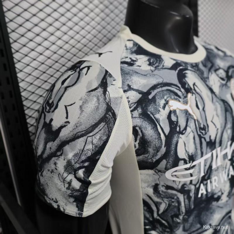 25/26 Player Version Manchester City White with Black Marble Abstract Art Pattern Jersey