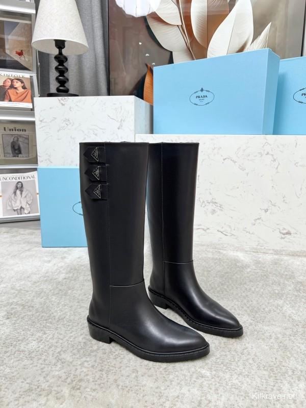 Prada Classic Triangle Logo Pointed Toe Boots - LY00400