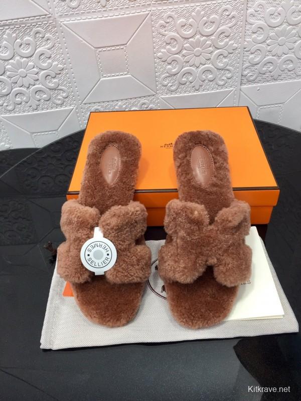 H Eiderdown Teddy Wool H Slippers Flat Sole Winter Home Shoes - LY00240