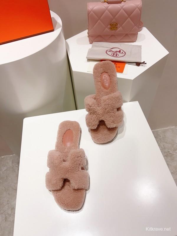 H Teddy Wool H Slippers Flat Sole Winter Edition - LY00240