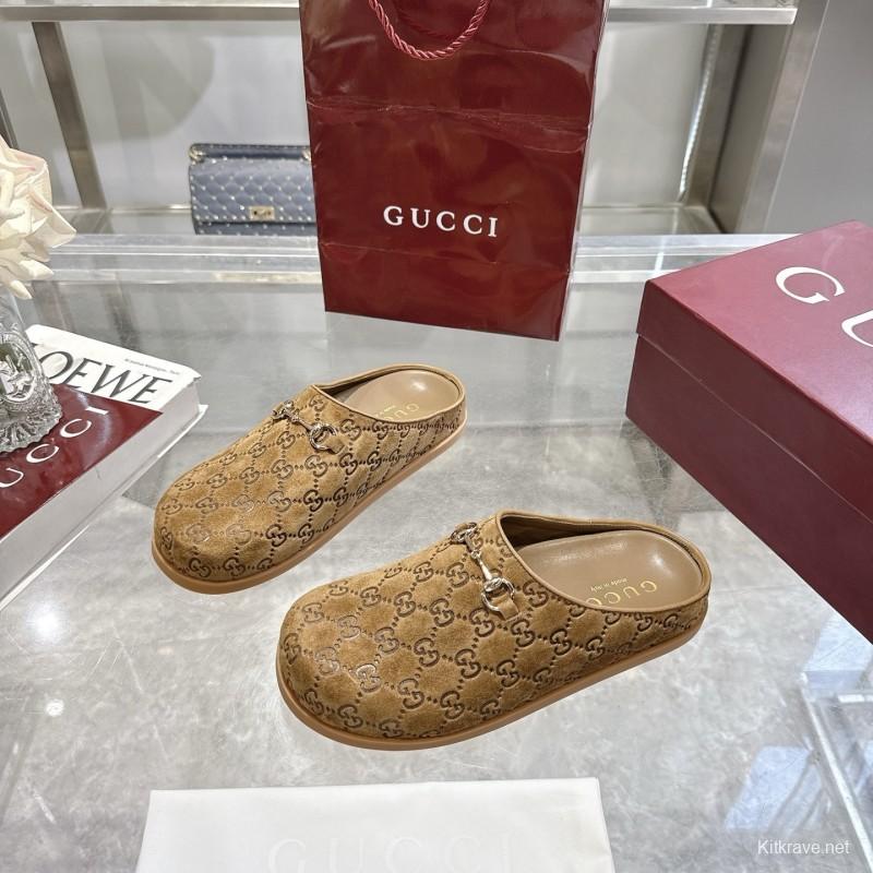 Gucci Camel Suede GG Embossed Horsebit Mule Sandals - LY00240