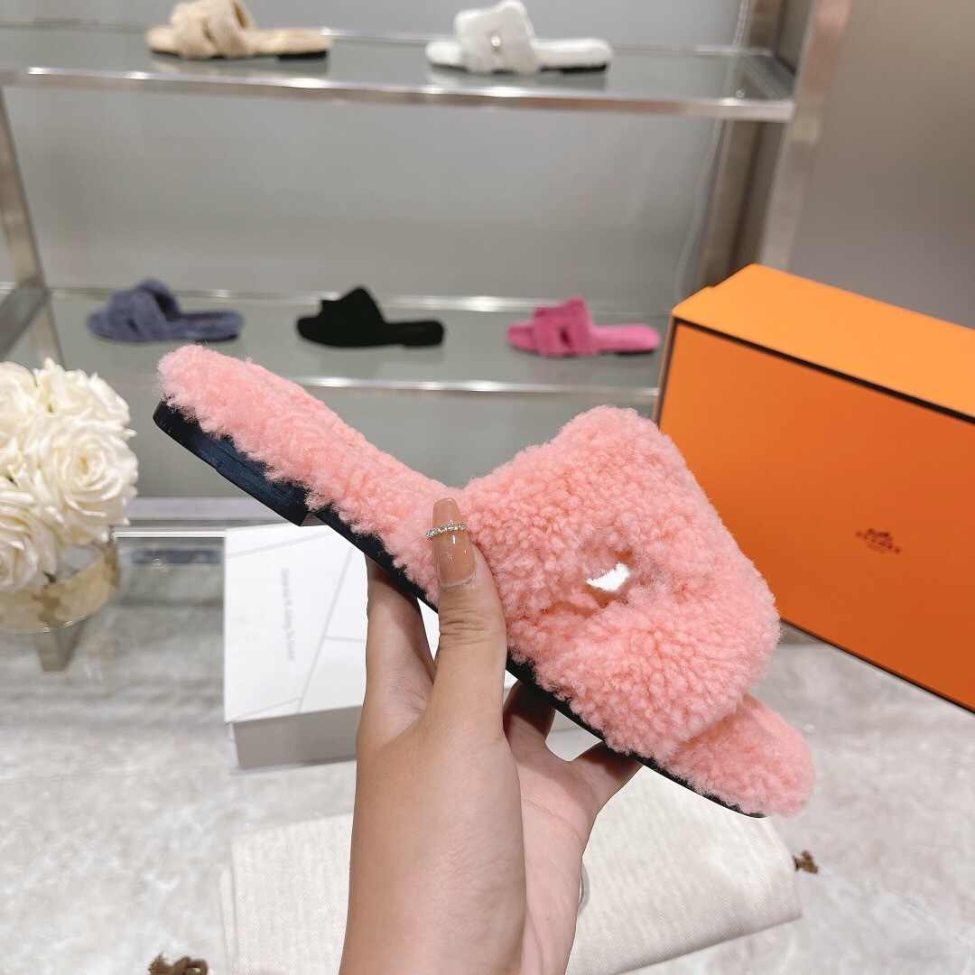 H Teddy Wool H Slippers Flat Sole Autumn Winter - LY00240