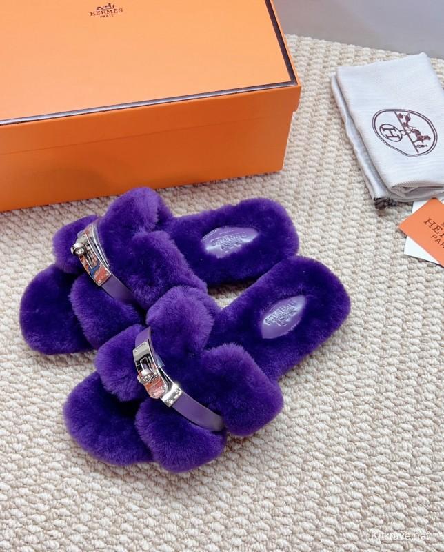 Hermès 2025/SS Teddy Wool H Slippers Flat Fur Slides - LY00260/230