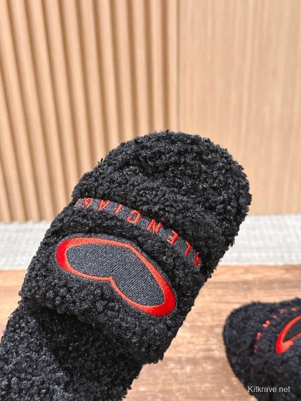 Balenciaga 2025 SS Qixi Limited Series Letter Embroidery Platform Shearling Slippers - AS00200