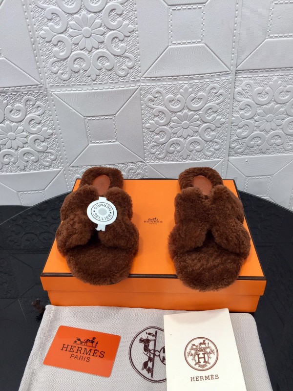 H Teddy Wool H Slippers Flat Sole Winter Fur Slippers - LY00240