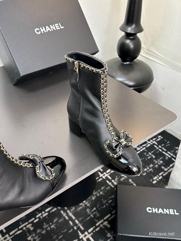 Chanel 2025/SS Chain Bow Chunky Heel Ankle Boots - LY00370
