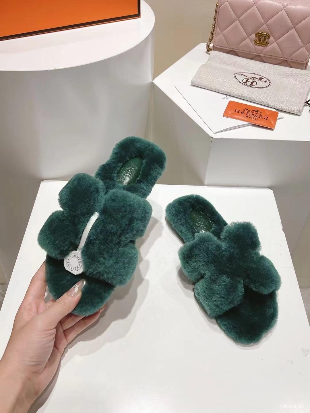 H Home Love Drag Autumn Winter Flat Wool Slippers - 2025SS
