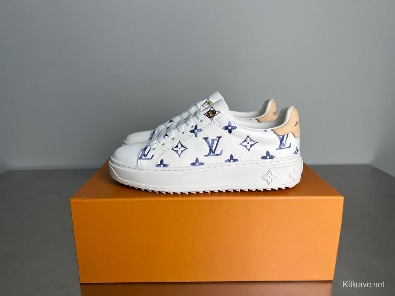 Louis Vuitton Time Out Cherry Blossom Collection Leather Round Toe Flat Low Top Sneakers Women's - YC
