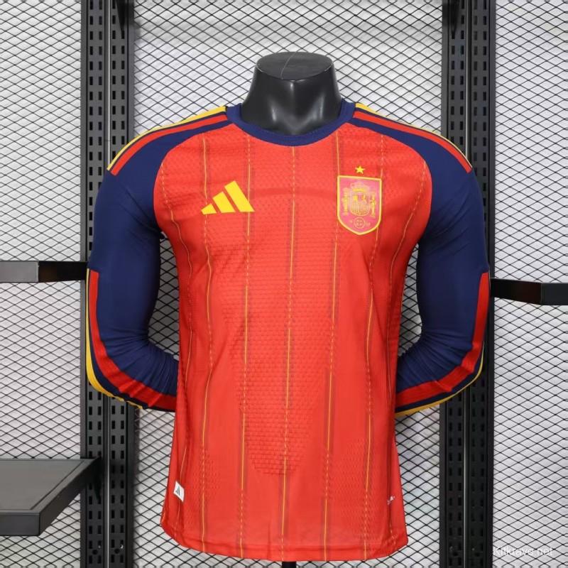 Player Version 2026 Spain Home Long Sleeve Red with Vertical Stripe Pattern Jersey