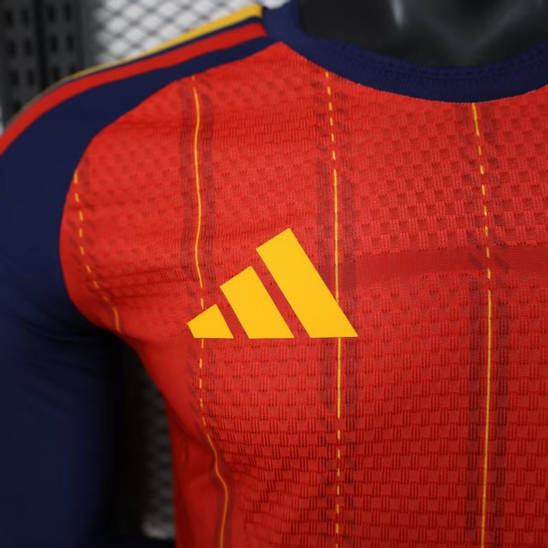 Player Version 2026 Spain Home Long Sleeve Red with Vertical Stripe Pattern Jersey