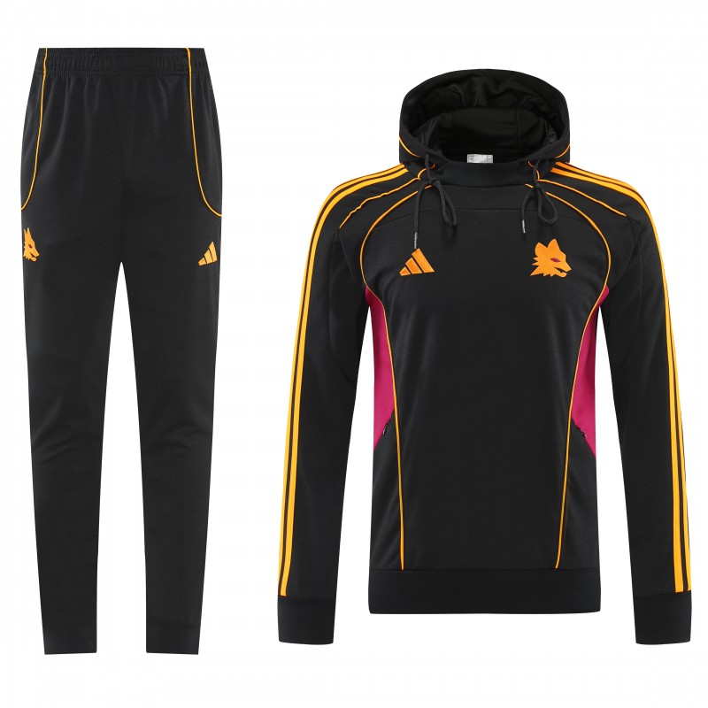 26/27 Roma Black Full Zipper Hooded Jacket Tracksuit + Long Pants
