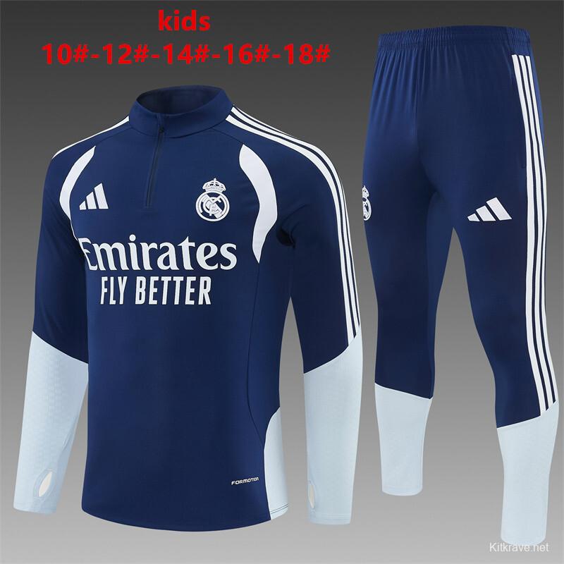 26/27 Kids Real Madrid Away Navy Blue Half Zipper Jacket Tracksuit + Long Pants