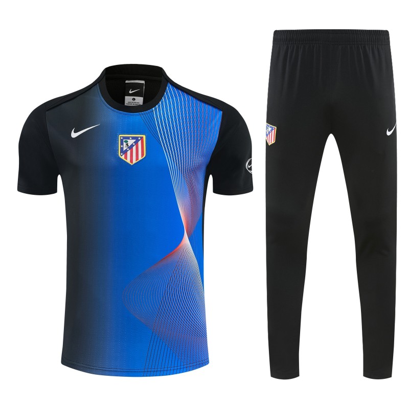 26/27 Atlético de Madrid Black & Blue with Fluid Wave  Print Short Sleeve Tracksuit + Black Long Pants