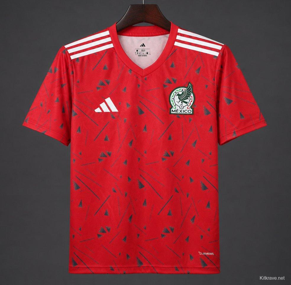 2026 Mexico Red Soccer Jersey with Green Geometric Triangles and Stripe