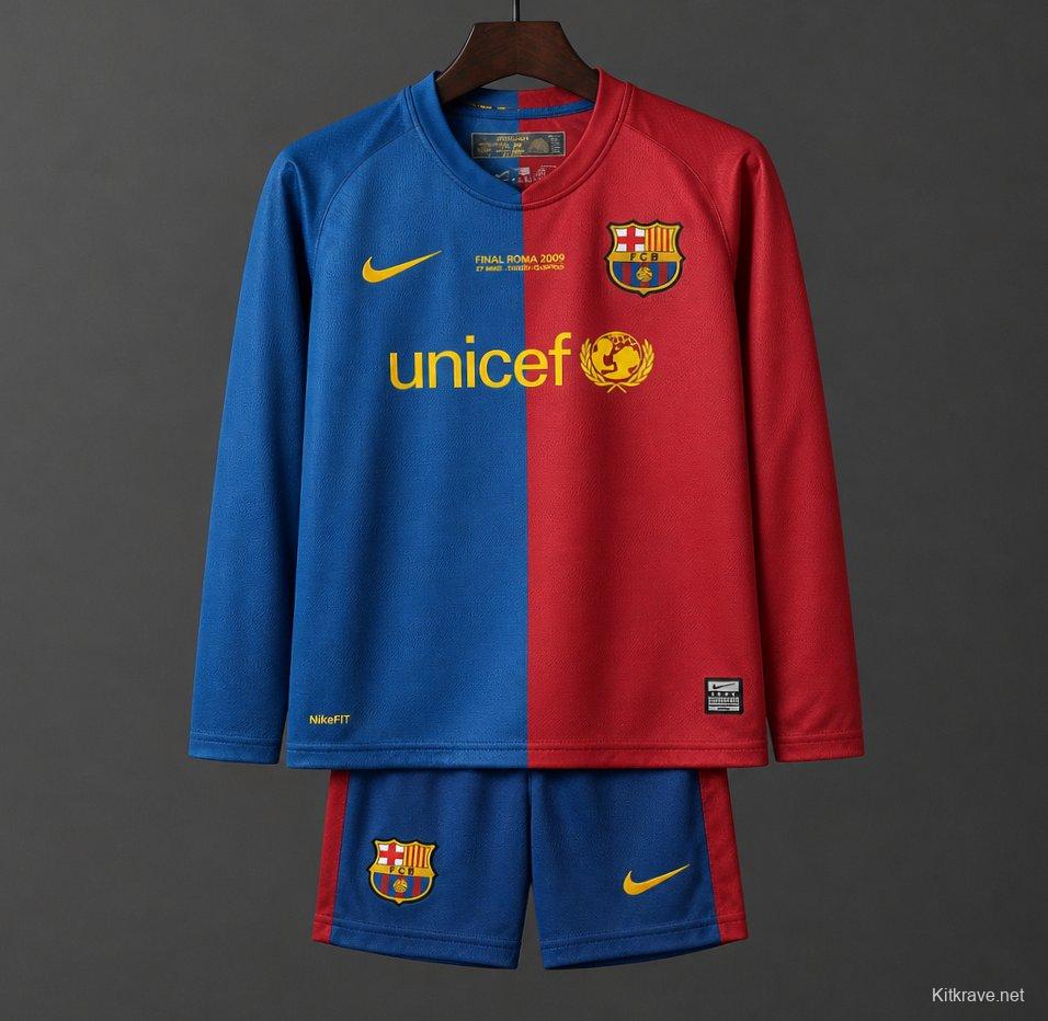 Retro Kids 08/09 Barcelona Home Champions Long Sleeve Jersey