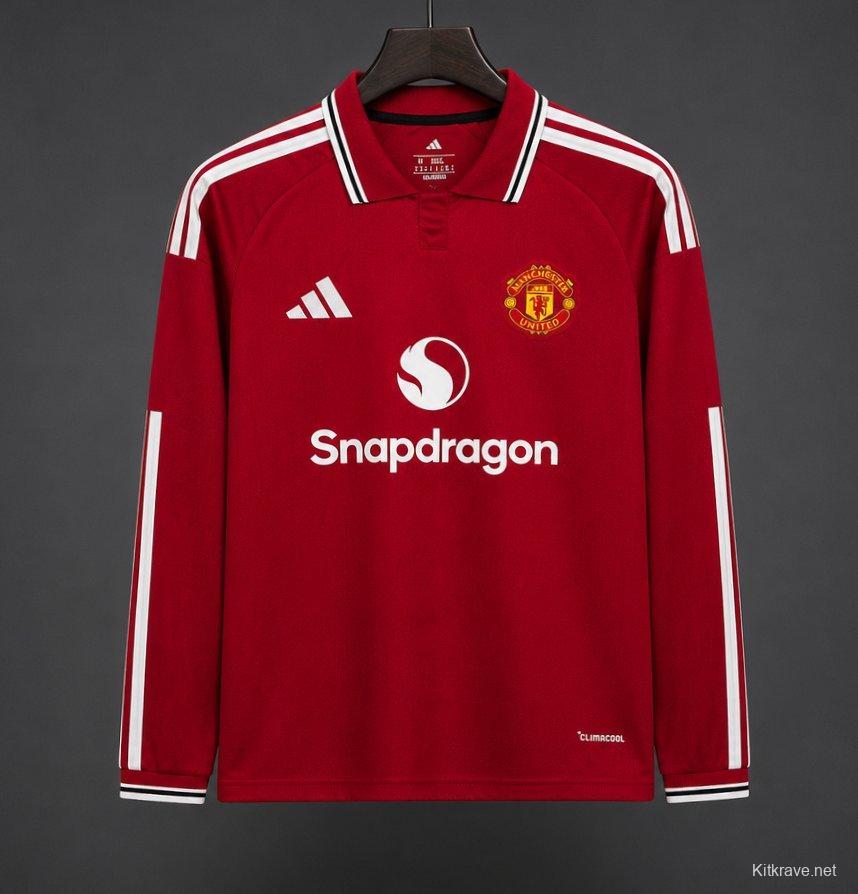 26/27 Manchester United Red with White Stripes Long Sleeve Home Jersey